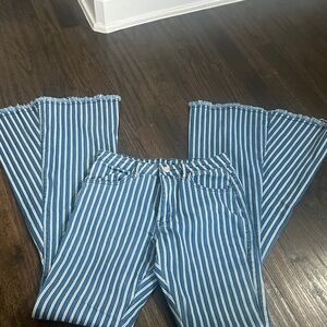 Blue and White Striped Flared Pants
